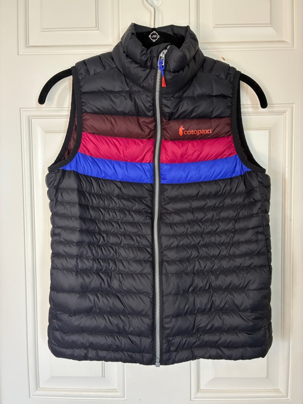 cotopaxi Black Quilted Puff Vest with Red and Blue Stripes